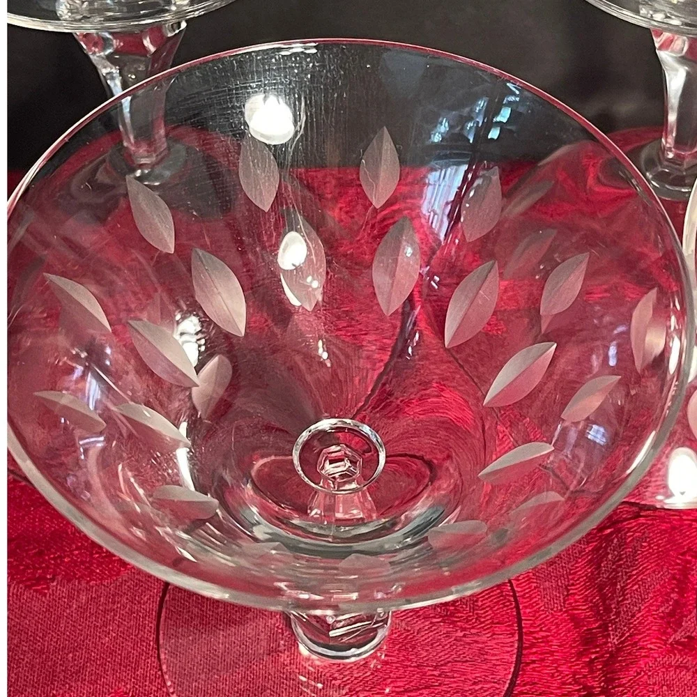 Vintage Tiffin-Franciscan Etched Crystal Coupe Glasses Set of 4 Faceted Stem MCM